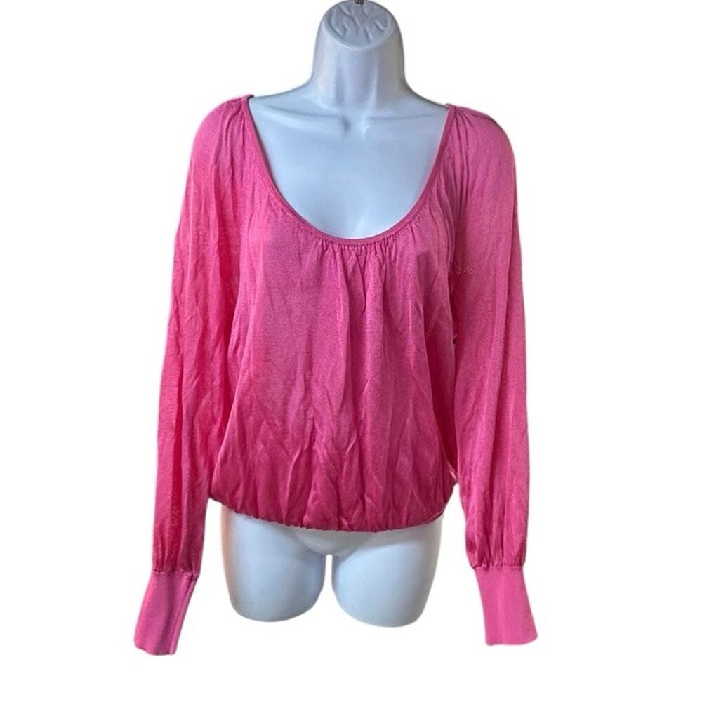 Cache Hot Pink Scoop Neck Crinkle Long Sleeve Blouse Y2K Top L READ